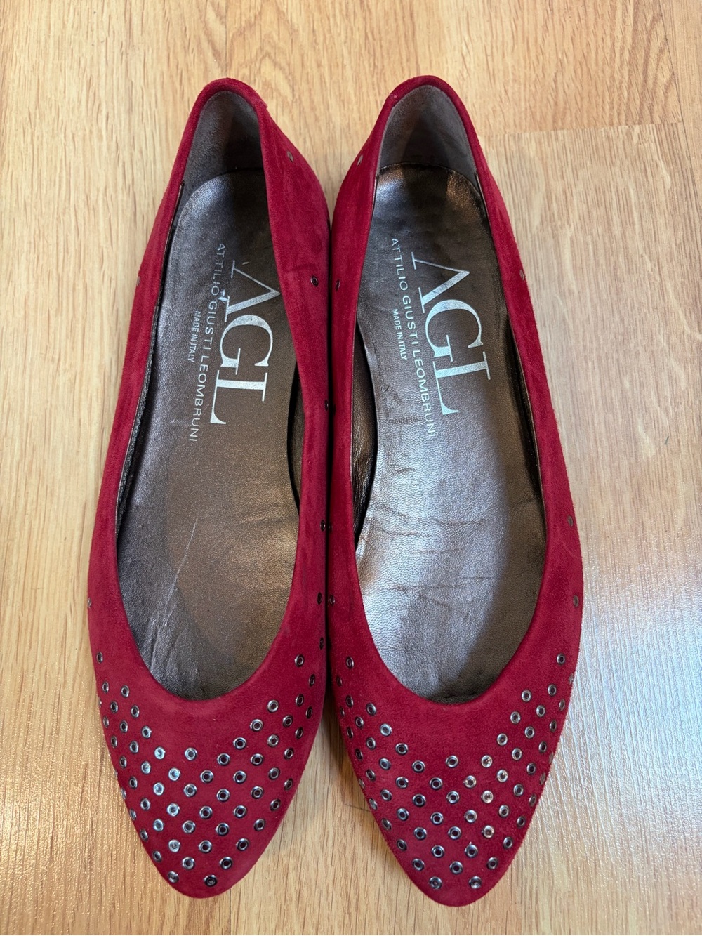 AGL Red Suede with Silver Grommets Ballet Flats Size 38.5 (8.5)